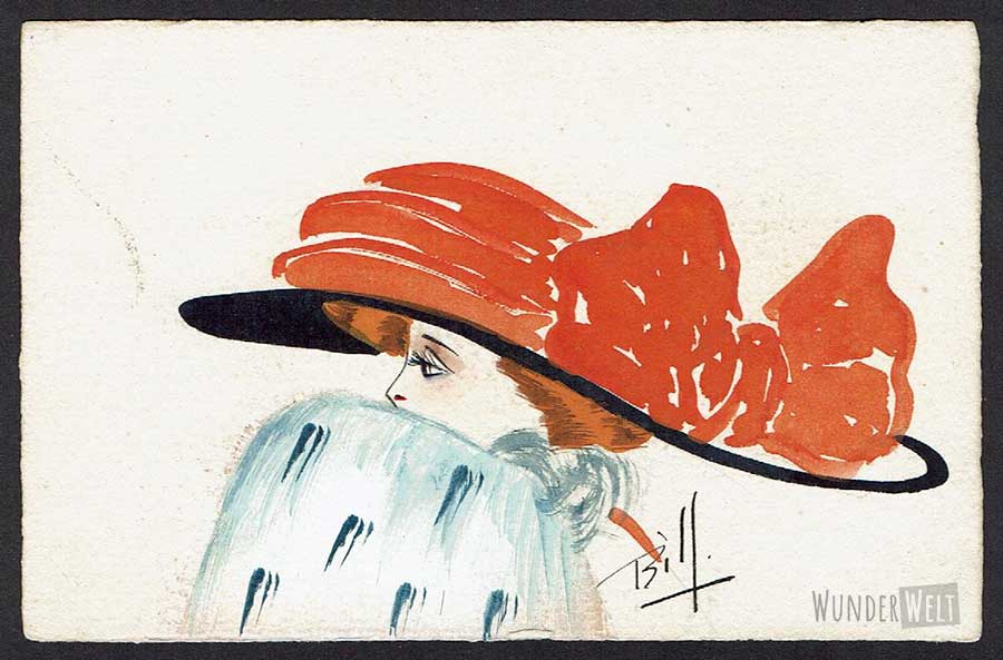Farbenfroher Jugendstil: Original aus der Kartenserie Dame mit Hut signiert Bill / Bilf (?) 