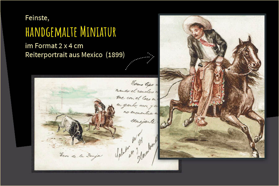 Feinste, handgemalte Miniatur im Format 2 x 4 cm Reiterportrait aus Mexico  (1899)