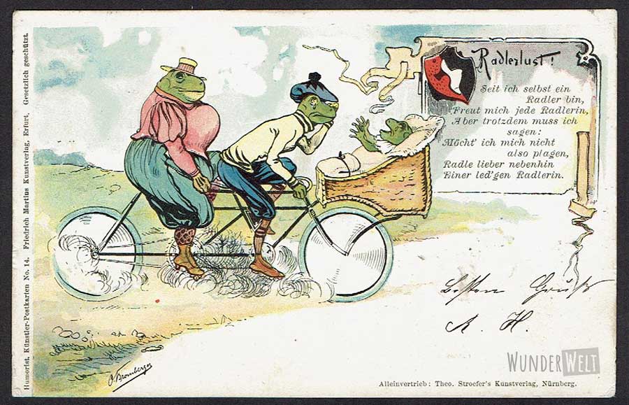 Froschfamilie im Frühling: Fahrradausflug per Tandem gezeichnet von „Otto Bromberger“