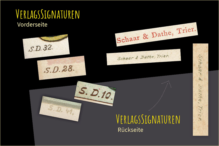 Verlagssignaturen auf Passepartoutkarten der Serie von Schaar & Dathe